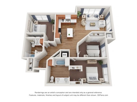 Floor plan for 3 beds, 2 baths, 1237 sqft